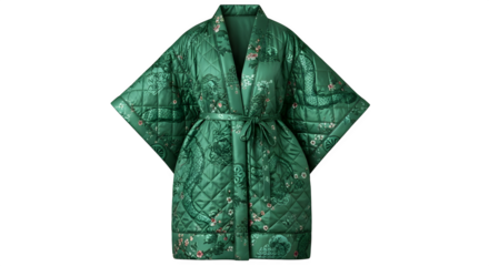Elegant emerald green silk robe with intricate floral and geometric patterns