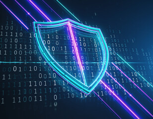 3D neon cybersecurity shield protecting digital binary data