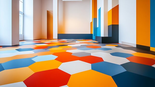 Vibrant modern interior with a geometric hexagonal floor pattern and architectural walls in a colorful, abstract design - Powered by Adobe