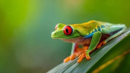 Vibrant amphibian with brilliant red eyes rests upon a broad tropical leaf