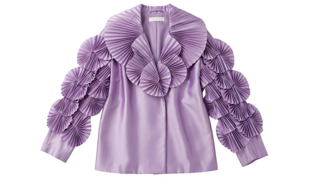Elegant lavender coat with ruffled sleeves and collar on black background