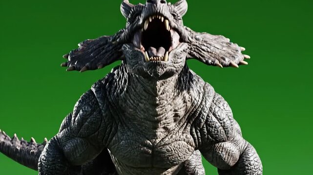 Fierce Dinosaur Creature with Spikes and Frills on Green Screen.