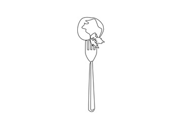 Single line drawing of a falafel bite on a fork with herbs, an international event concept for International Falafel Day, ideal for posts and stickers about plant-based snacks and tasty joy.
