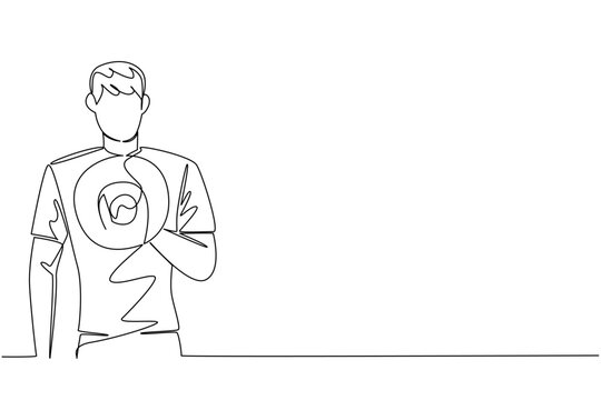 Single line drawing of a man with a vote badge over his chest, an international event concept for the International Day of Democracy, encouraging voter education, turnout, and accountability.​
