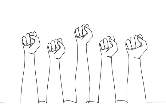 One line drawing of raised hands forming clenched fists, an international event concept for the Democracy Day, symbolizing civic voice, solidarity, freedom, participation in society.​
