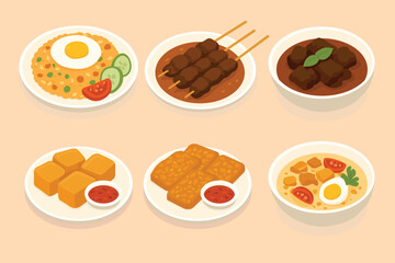 Indonesian traditional food set with nasi goreng, satay, rendang, tofu, tempeh, and soto flat vector illustration