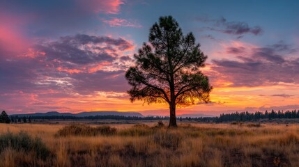 Obraz premium A lone tree stands tall against a vibrant sunset sky, casting a warm glow over the landscape.