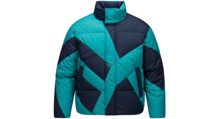 Modern teal and navy blue puffer jacket isolated on black background