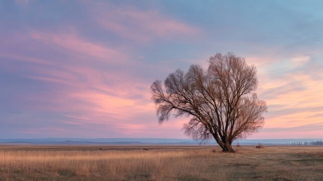 A solitary tree stands in a vast, open field under a dramatic, colorful sky at sunset, with a single, bare branch reaching out towards the horizon. - Powered by Adobe