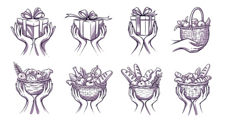Hands holding gifts and baskets with food