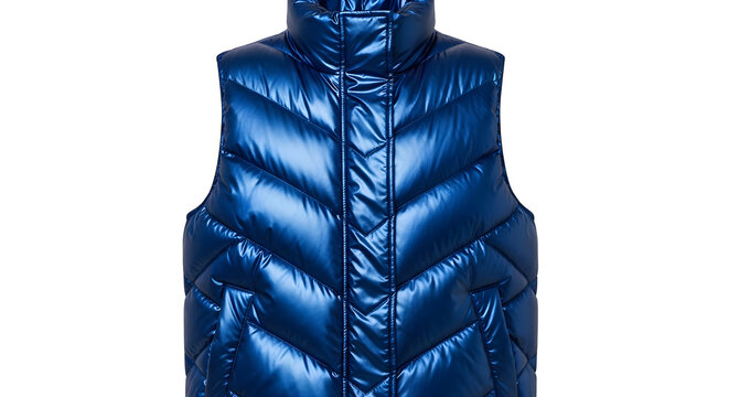Stylish blue puffer vest with hood isolated on black background
