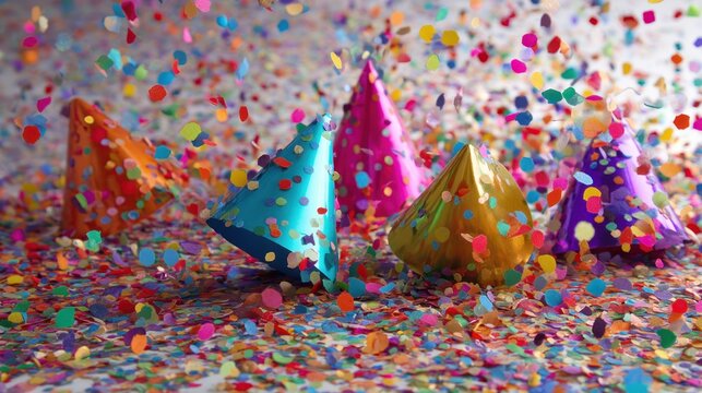 A colorful confetti shower with party hats and streamers in the foreground, against a purple background. - Powered by Adobe
