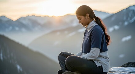 Fototapeta premium Woman meditates in snowy mountains at sunrise for winter solstice, finding peace