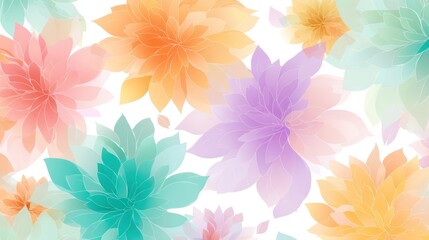 A vibrant, colorful floral pattern with pastel shades of pink, purple, orange, and blue, 