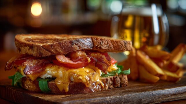 Rustic gourmet bacon cheese sandwich with crispy bacon and melted cheddar on artisan toasted bread styled on a wooden table in a warm cozy pub setting for comfort food photography and restaurant menu 