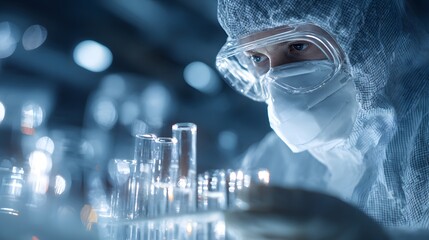 Scientist in protective gear closely examines liquid samples within laboratory glassware