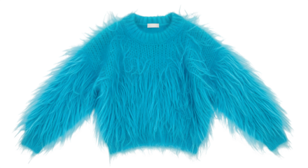 Vibrant turquoise fuzzy sweater isolated on black background fashion still life