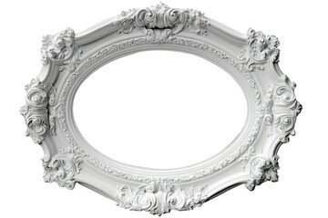 Ornate, sculpted oval frame in white on a black background
