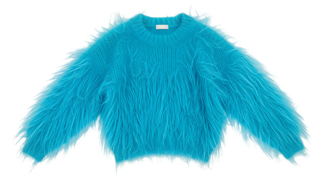 Vibrant turquoise fuzzy sweater isolated on black background fashion still life