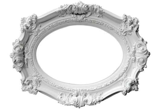 Ornate, sculpted oval frame in white on a black background