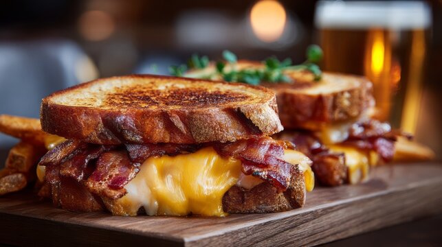 Rustic gourmet bacon cheese sandwich with crispy bacon and melted cheddar on artisan toasted bread styled on a wooden table in a warm cozy pub setting for comfort food photography and restaurant menu 