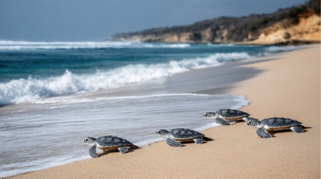 Turtles Walk Towards the Ocean on Sandy Beach During Daytime Under a Clear Sky - Powered by Adobe