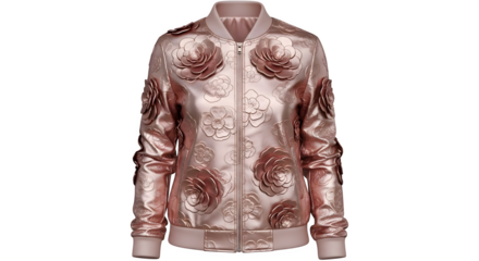 Elegant rose gold bomber jacket with floral pattern on black background