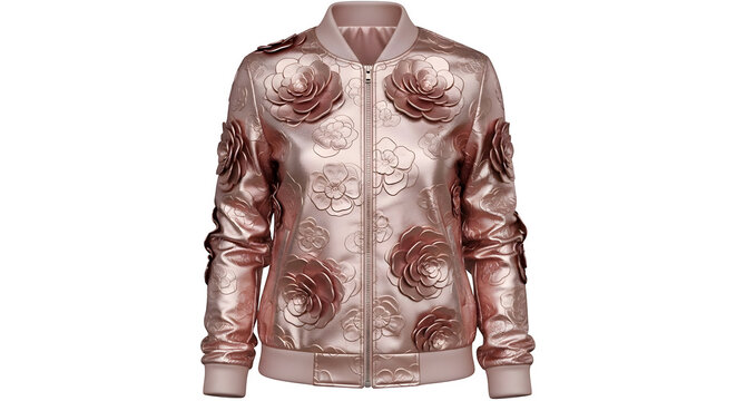 Elegant rose gold bomber jacket with floral pattern on black background