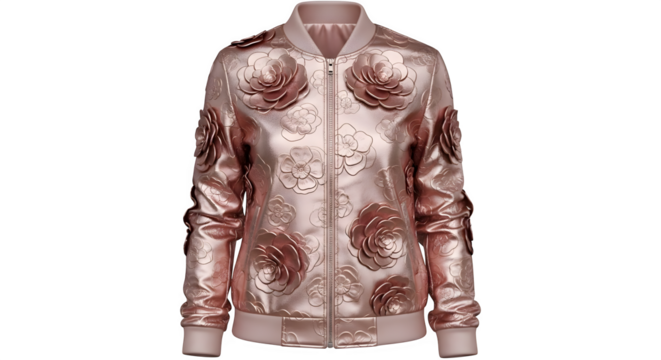 Elegant rose gold bomber jacket with floral pattern on black background