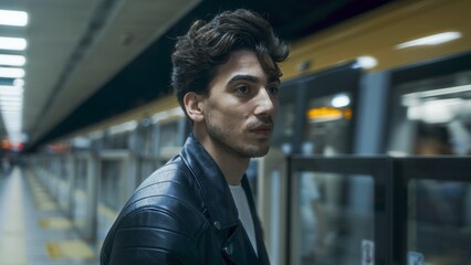 Man in Leather Jacket at Subway Station