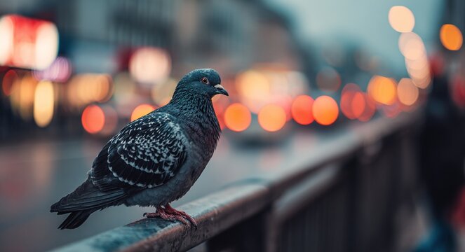 Pigeon sits on metal railing with blurred city lights background at evening. Urban bird life in metropolitan environment for wildlife adaptation content. High quality