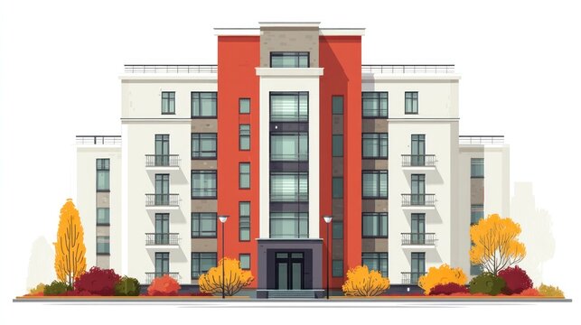 A modern apartment building with a red and white facade, surrounded by autumn trees, with a white background and a clear sky.