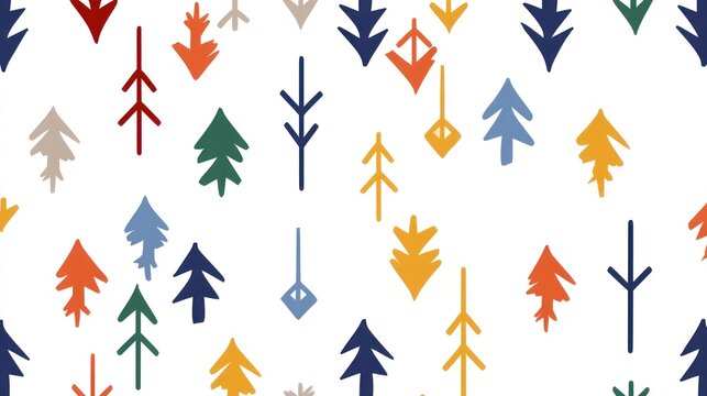 A colorful, abstract pattern of trees and arrows on a white background.