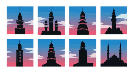 Islamic minarets silhouettes against colorful sky