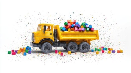 Colorful Toy Truck Loaded with Building Blocks on White Background