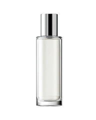 Rectangular perfume bottle with silver cap, dark background