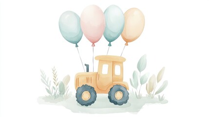 Yellow Tractor with Colorful Balloons in a Pastoral Setting