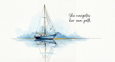 Sailboat on calm seas in soft blues and gold loose watercolor illustration with handwritten quote “She navigates her own path” serene empowering mood, nautical journey concept