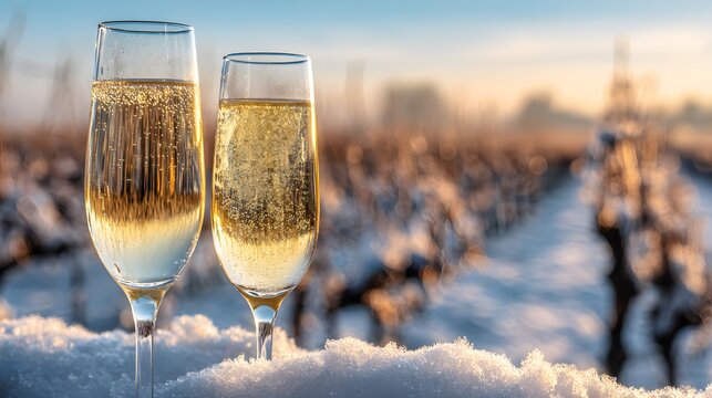 Two flutes of sparkling beverage rest upon fresh snow in a vineyard setting during daylight