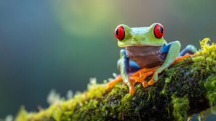 Naklejka premium Vibrant tree frog with striking red eyes rests upon moss covered vegetation in a humid environment
