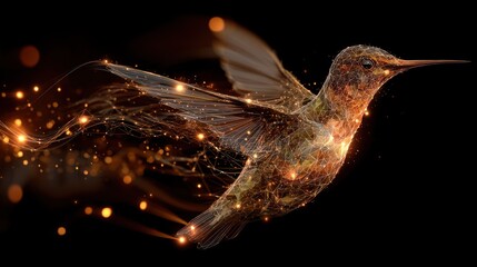 Fototapeta premium A golden hummingbird with glowing wings and iridescent body, flying against a black background with a few scattered lights, creating a surreal and ethereal effect.
