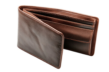 Open brown leather bifold wallet, pockets visible