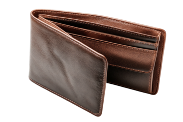 Open brown leather bifold wallet, pockets visible