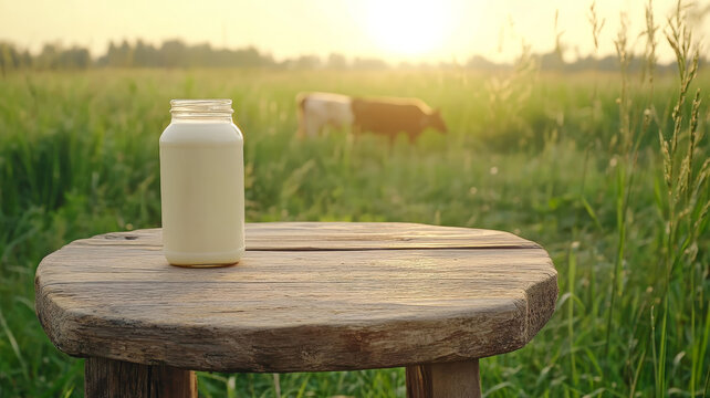 Fresh milk bottle rustic wooden table countryside sunrise calm morning rural field