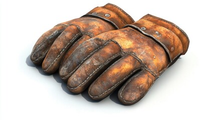 Worn and Weathered Leather Gloves on White Background