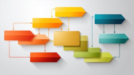 A colorful infographic with arrows and rectangular shapes, arranged in a grid pattern on a gray background.