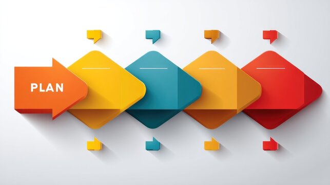 A colorful, abstract geometric design with arrows and speech bubbles, set against a white background with a subtle shadow effect.