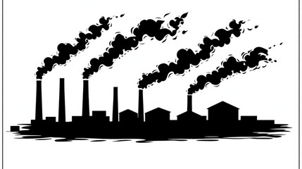 Industrial Pollution Silhouette with Emission Smoke Stacks and Factory