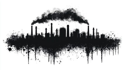 Industrial Silhouette with Smoke Emissions Against White Background