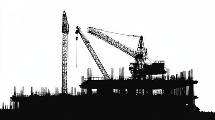 Silhouette of Construction Site with Cranes and Building Framework